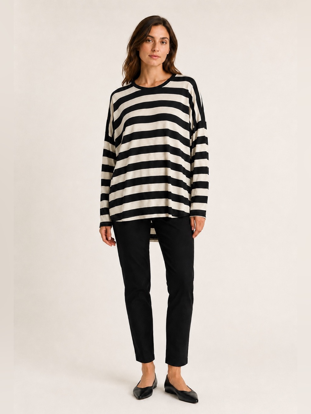 COS Black Cream Striped Lyocell Oversized High Low Tunic Top S